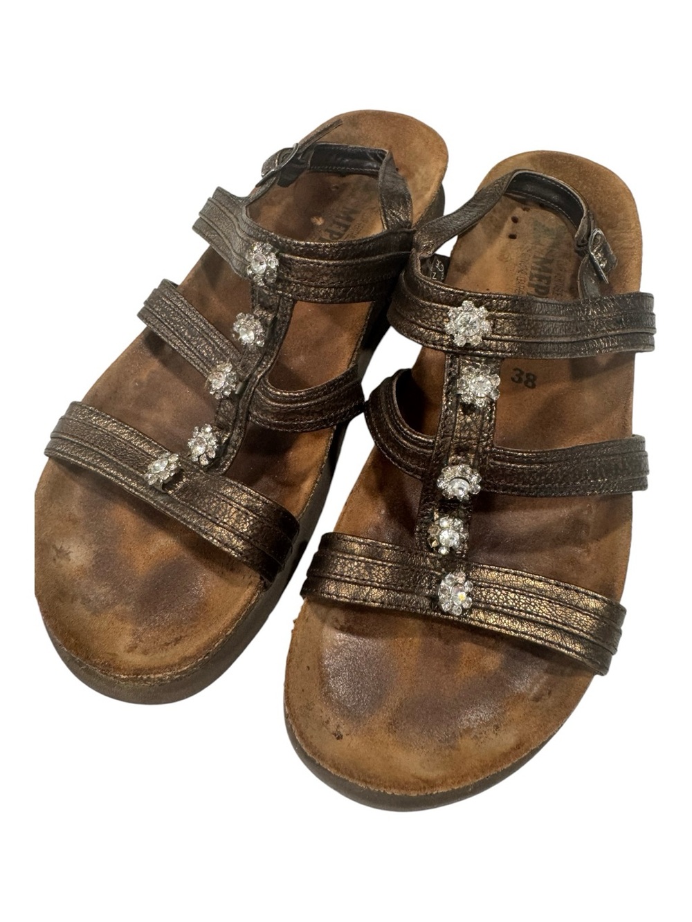 MEPHISTO bronze leather sandal with flowers clusters of rhinestones, size 8